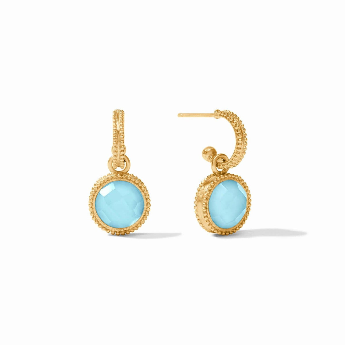 Iridescent Capri hoop earring with fleur-de-lis charm in mother-of-pearl and imported glass