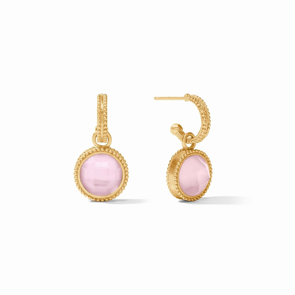 Iridescent rose gold plated hoop earring with mother of pearl charm featuring a fleur-de-lis design