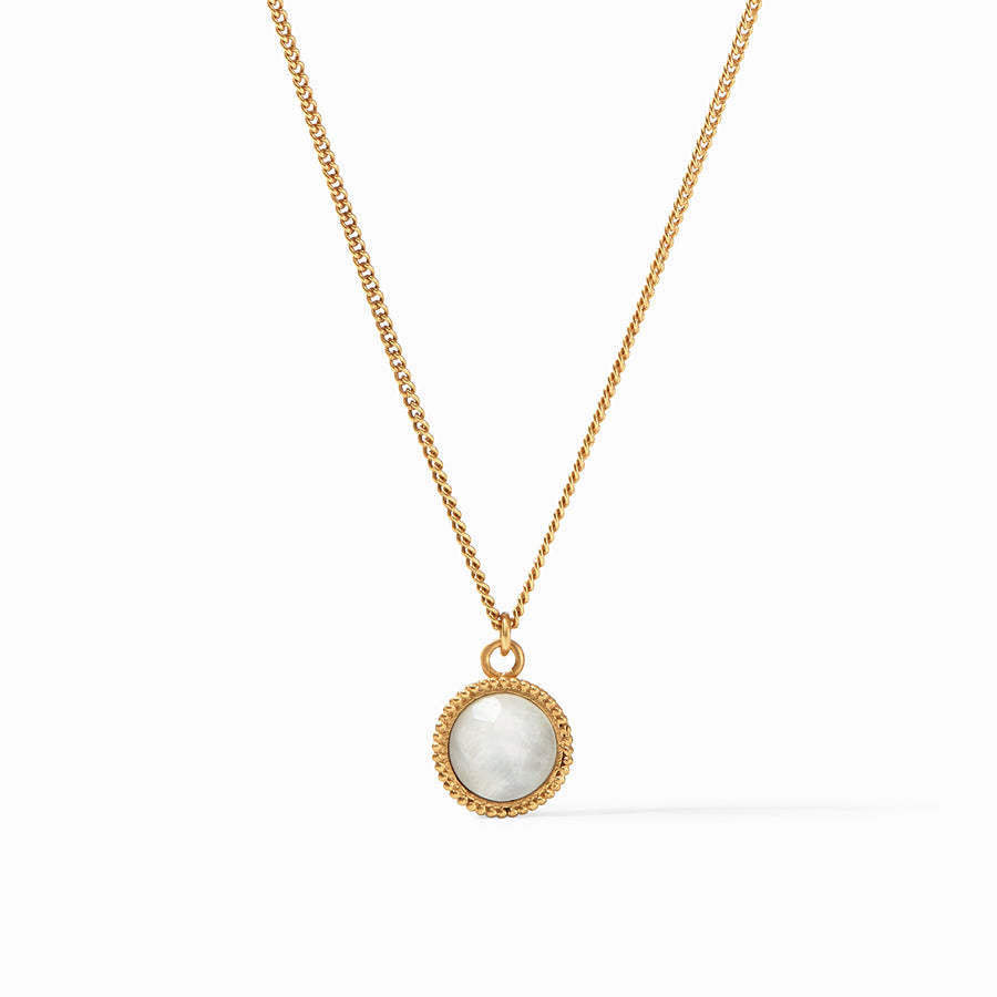 Adjustable necklace with a clear cubic zirconia solitaire on one side and a fleur-de-lis intaglio reverse.