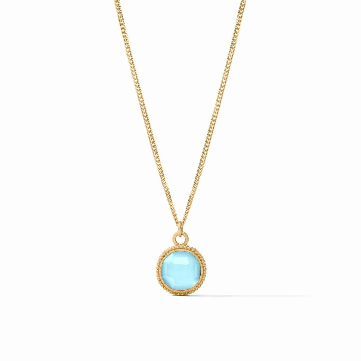 Adjustable necklace with iridescent Capri glass pendant featuring a solitaire cubic zirconia on one side and fleur-de-lis intaglio.