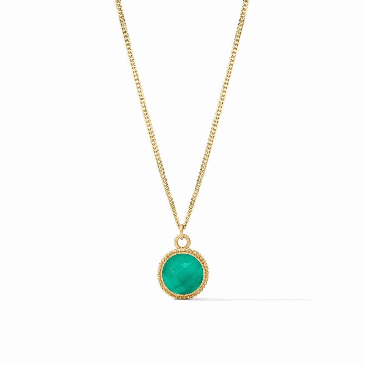 Adjustable necklace with iridescent emerald cubic zirconia solitaire on one side and fleur-de-lis intaglio reverse.