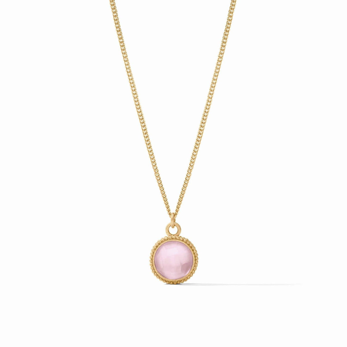 Adjustable necklace with a glittering gemstone on one side and fleur-de-lis intaglio reverse in iridescent rose.