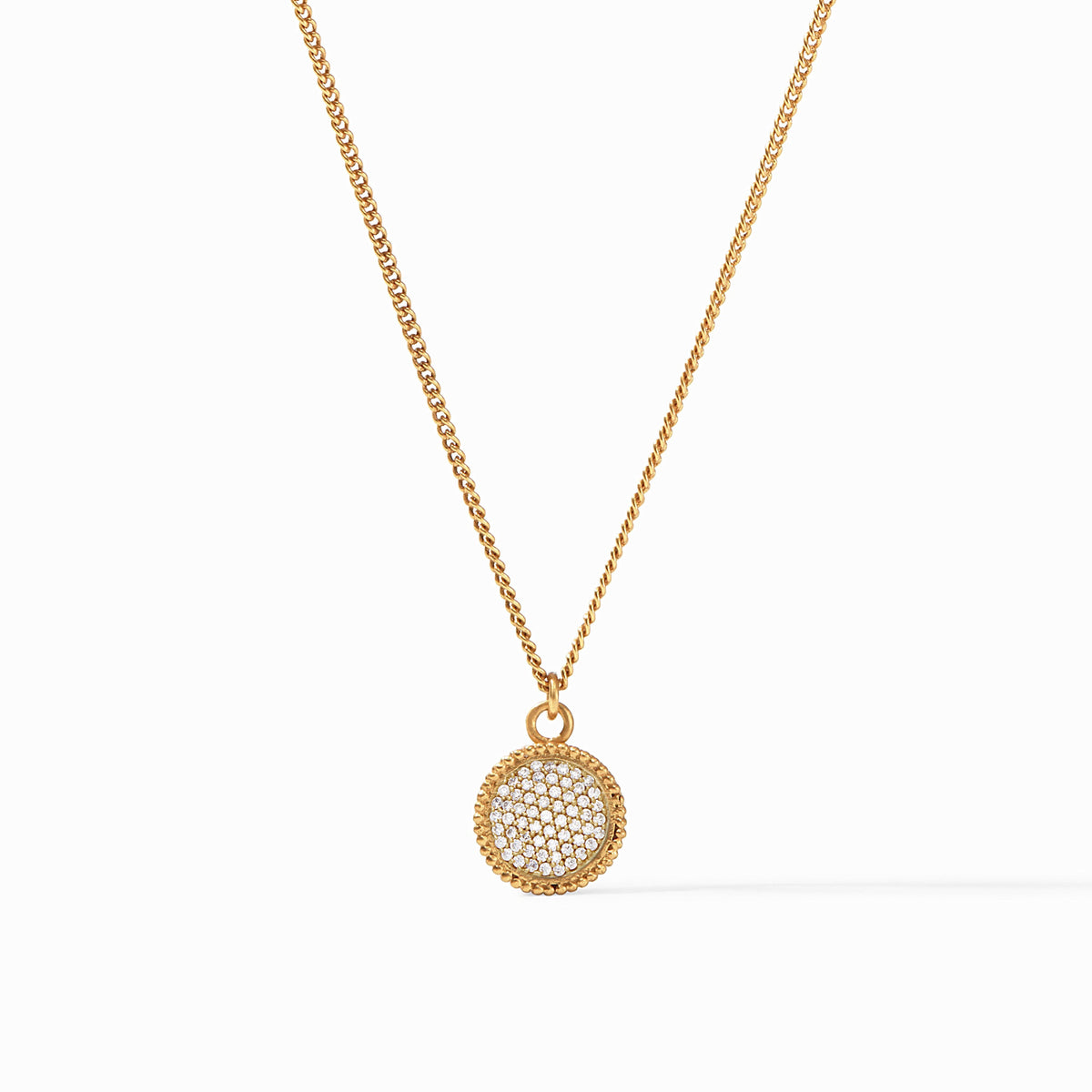 Adjustable necklace with a cubic zirconia solitaire on one side and a fleur-de-lis intaglio reverse.