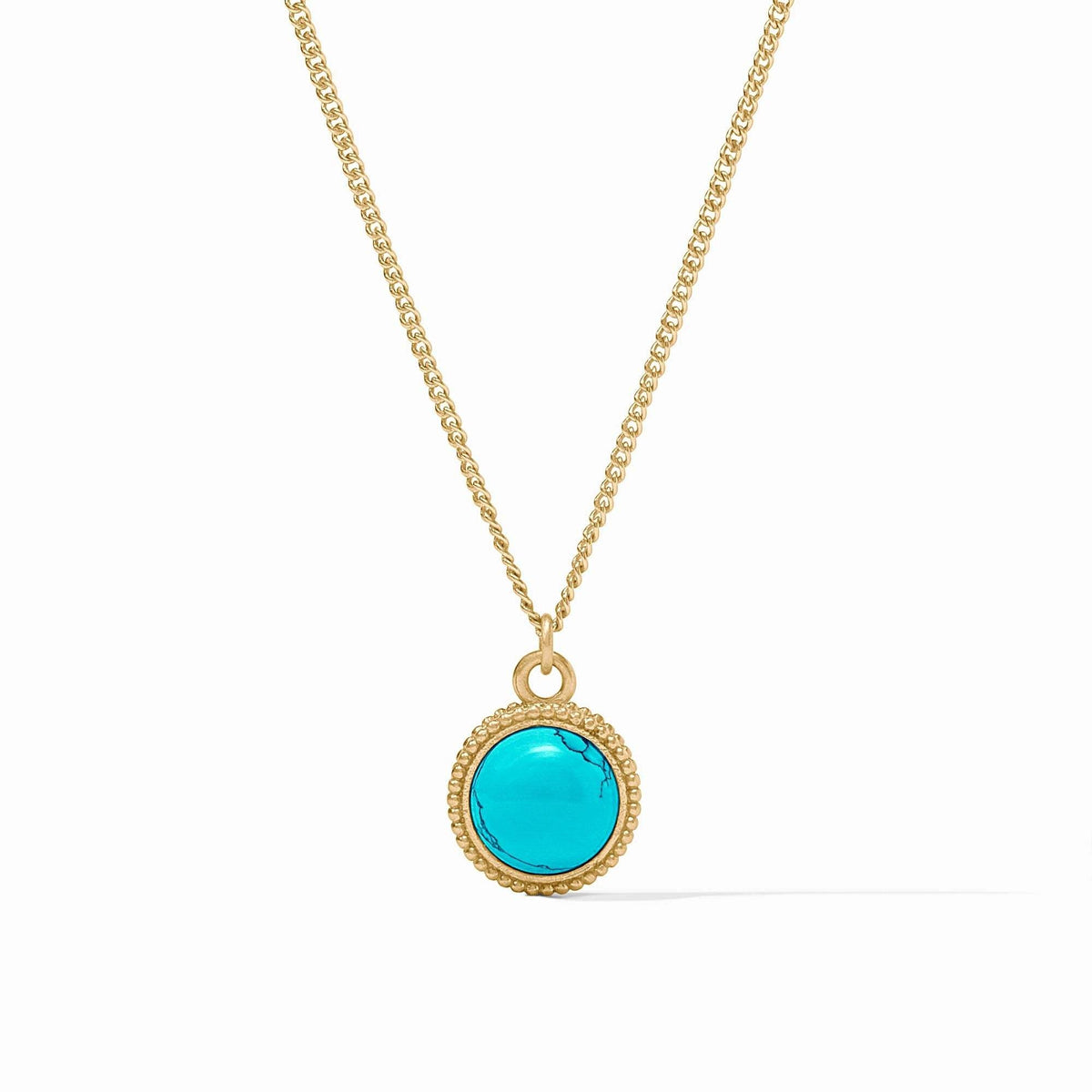 Turquoise blue adjustable necklace with a solitaire cubic zirconia gemstone on one side and a fleur-de-lis intaglio reverse.