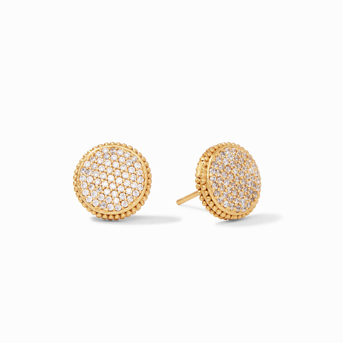 Gold-plated stud earring with a luminous shell pearl center surrounded by raised bead detail and cubic zirconia accents.