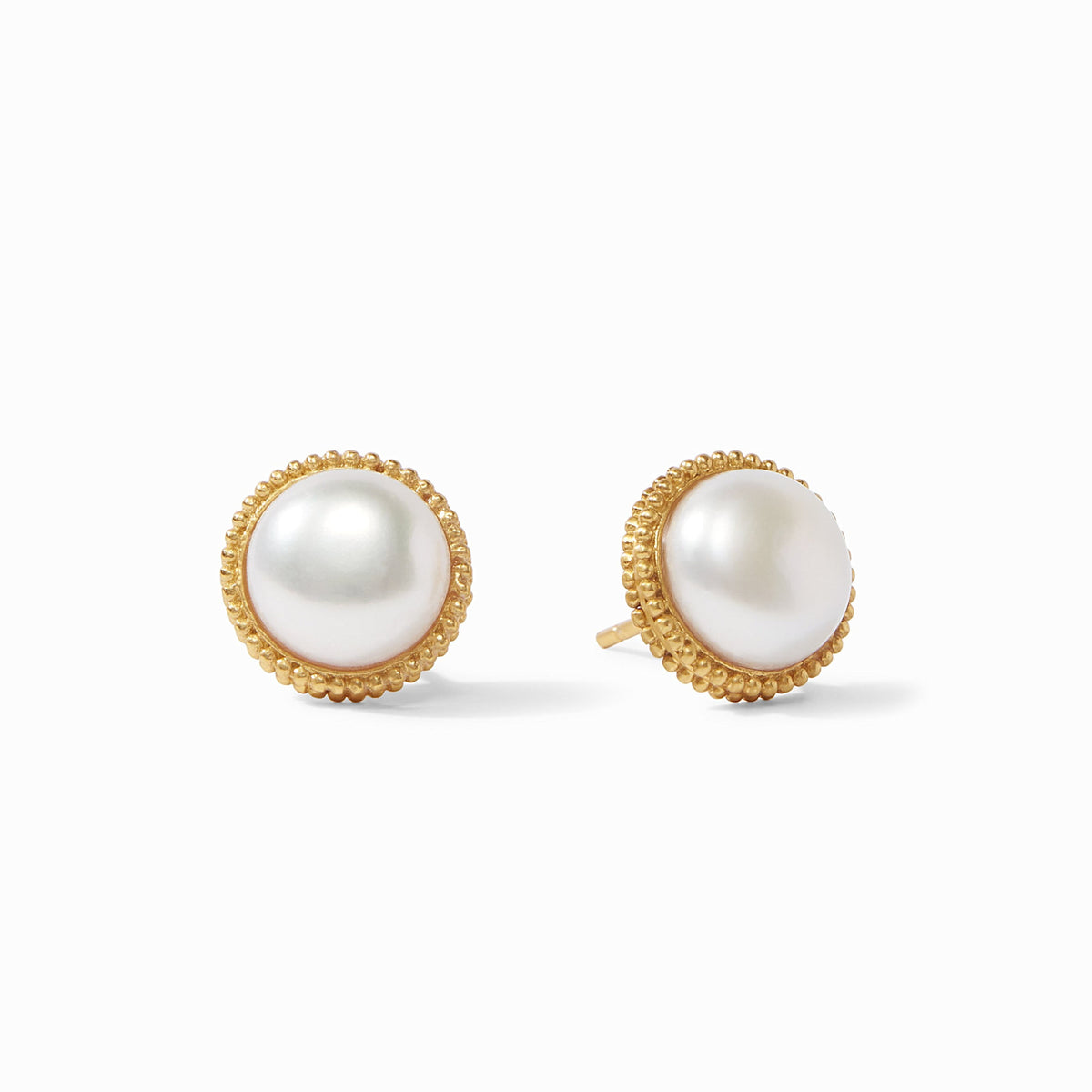 Gold-plated stud earring with a luminous shell pearl center surrounded by raised bead detail and cubic zirconia accents.