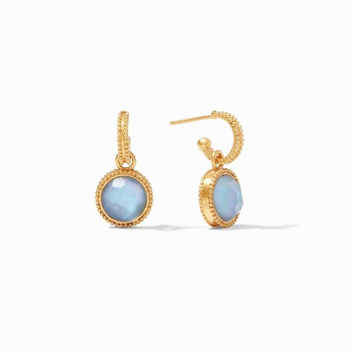 Iridescent chalcedony hoop earring with fleur-de-lis charm in mother-of-pearl and imported glass