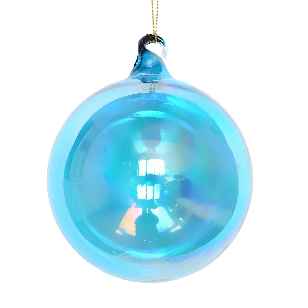 120mm blue iridescent bottle glass ball ornament with a glossy reflective finish and hanging loop.