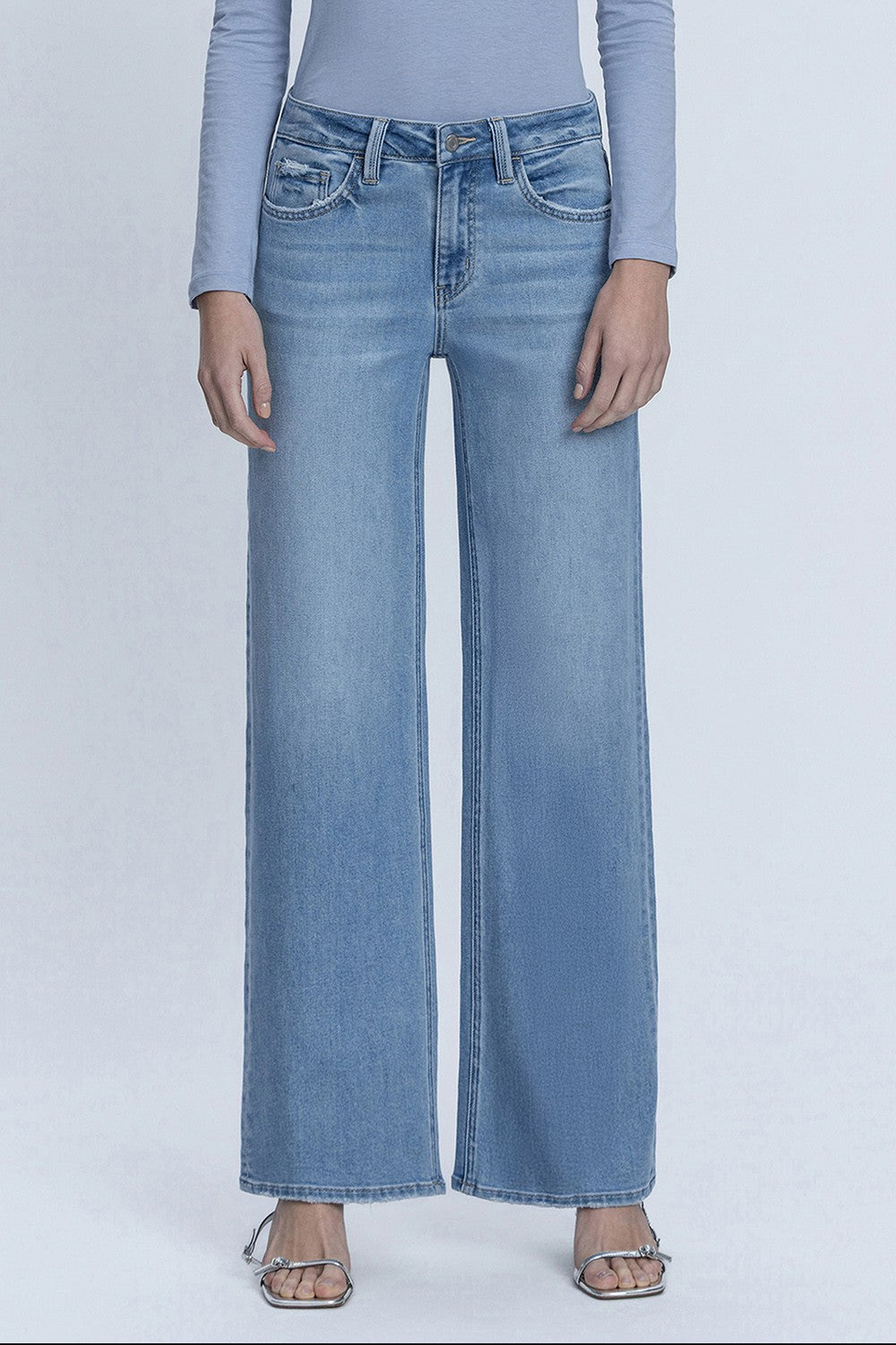 Natalie Mid Rise Full Length Medium Wash Wide Leg Jeans