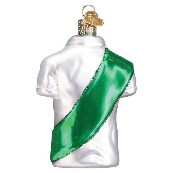 Glass Girl Scout uniform ornament featuring a white polo shirt with a green sash.