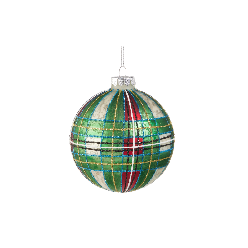 4-inch glass ball ornament with a green, red, and white tartan plaid pattern and glitter accents.
