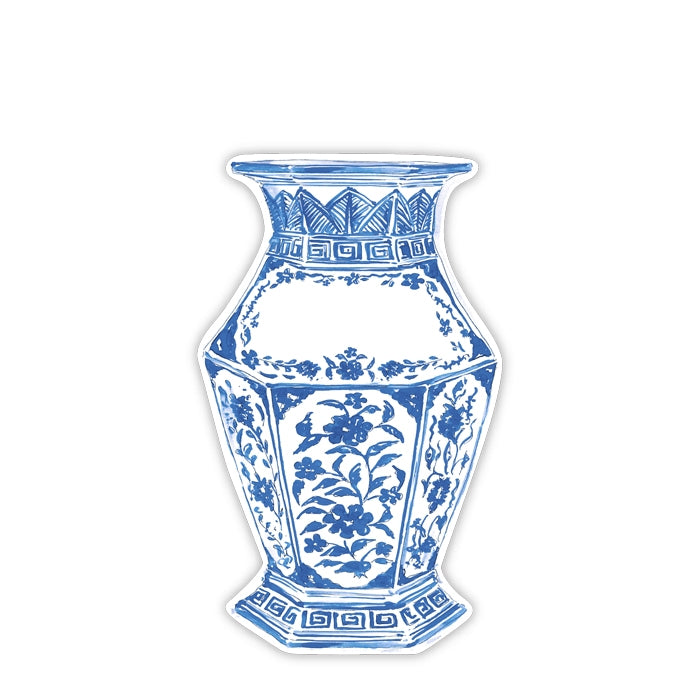 Handpainted blue and white chinoiserie urn die-cut accent with floral and geometric patterns.