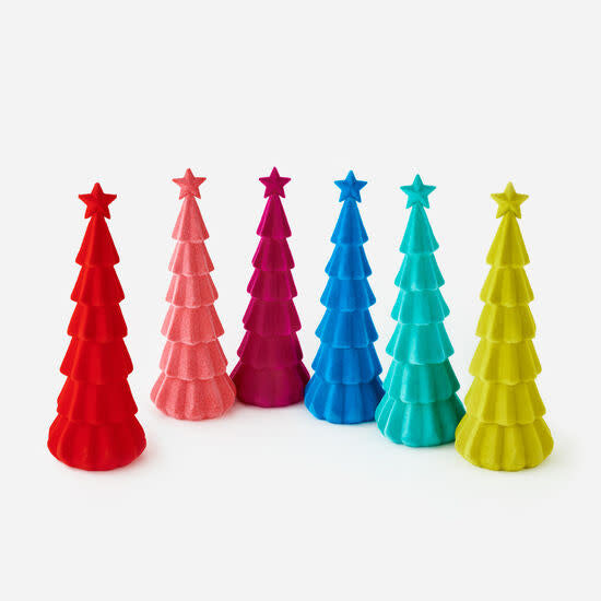 Six colorful, cone-shaped Christmas tree figurines with star toppers, arranged in a semi-circle.