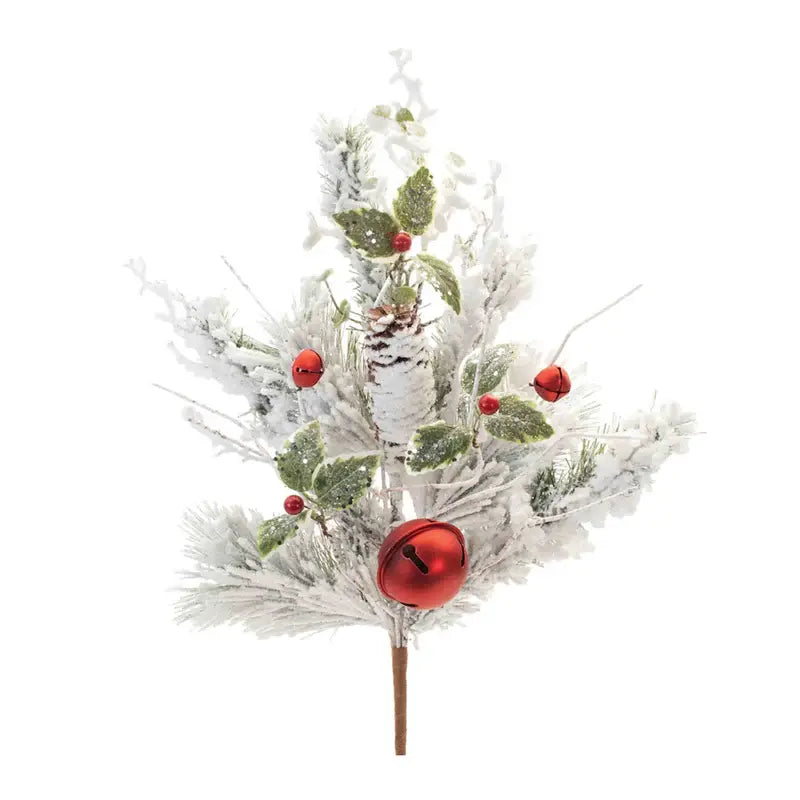 Flocked pine spray with pinecone, holly leaves, and red jingle bells for holiday decor.
