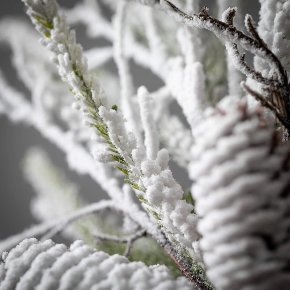 Flocked pine twig wreath with faux snow coating in neutral tones.