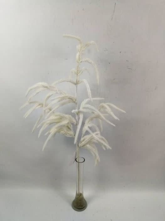 36-inch white flocked Norfolk pine spray with a realistic, textured finish in a glass vase.