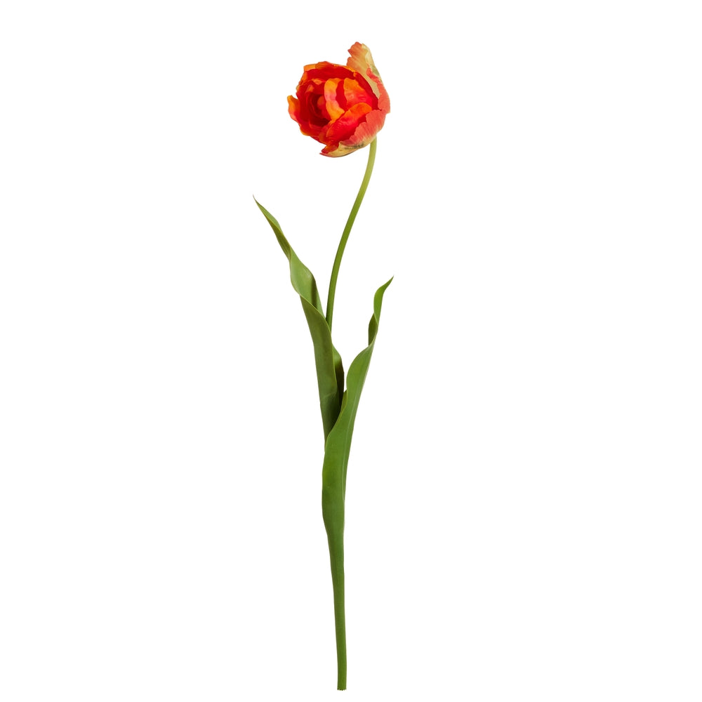 Artificial orange tulip stem with a single three-inch bloom made of polyester.