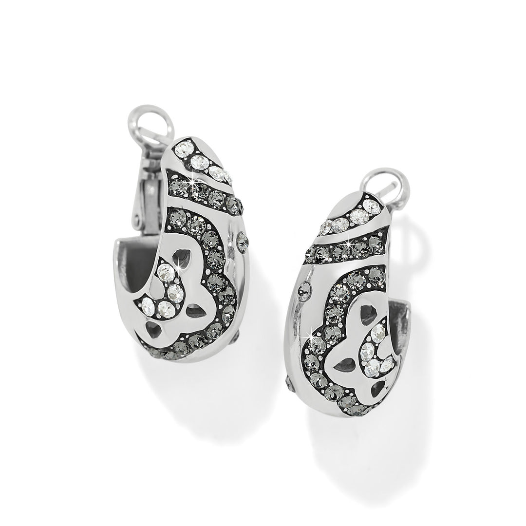 Silver plated hoop earrings featuring fine quality crystals with a post lever back closure.