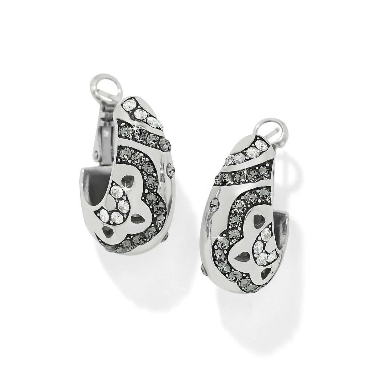 Silver plated hoop earrings featuring fine quality crystals with a post lever back closure.