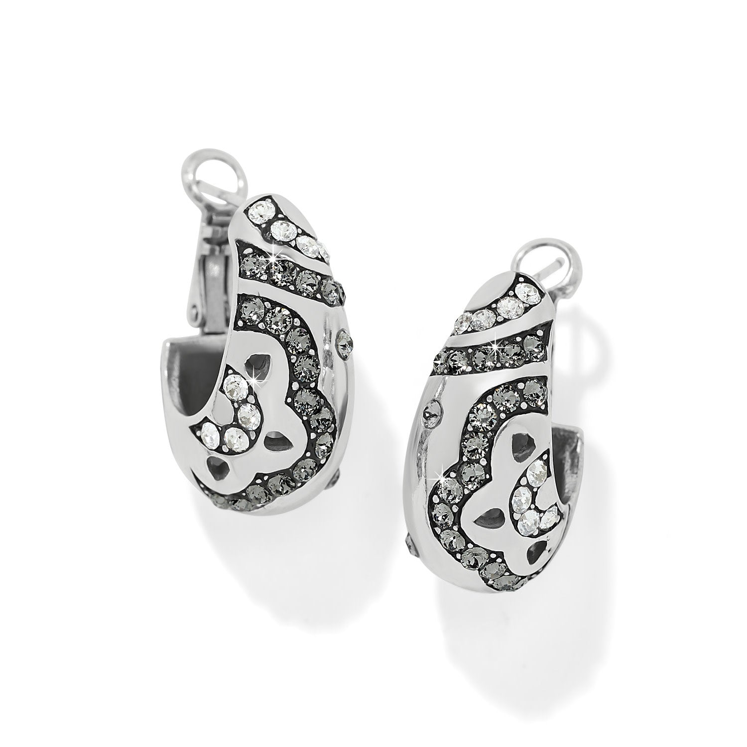 Silver plated hoop earrings featuring fine quality crystals with a post lever back closure.