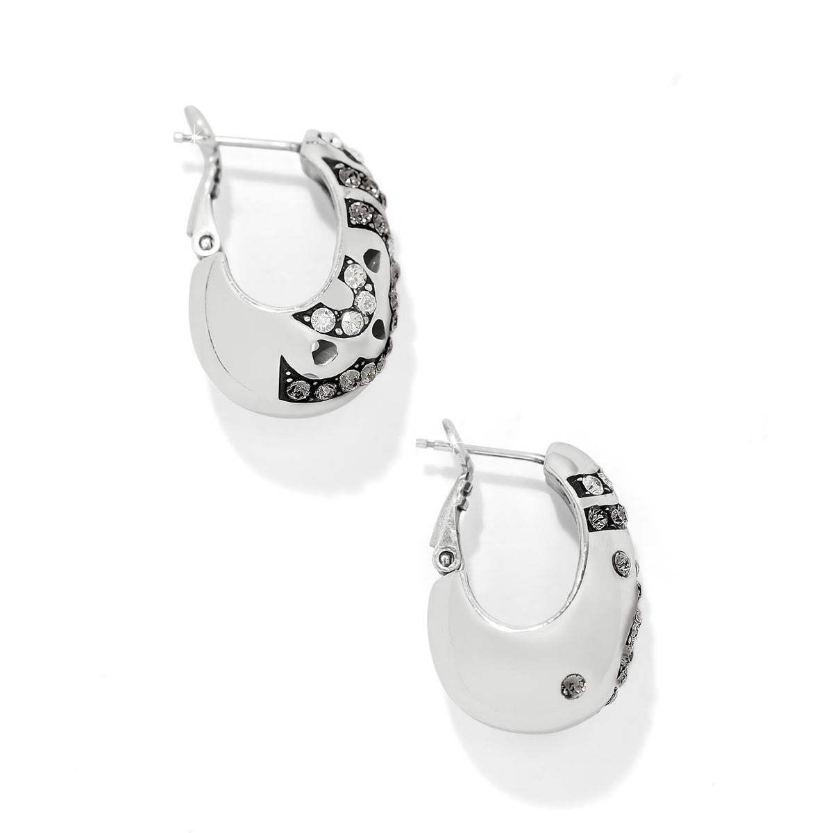 Silver plated hoop earrings featuring fine quality crystals with a post lever back closure.