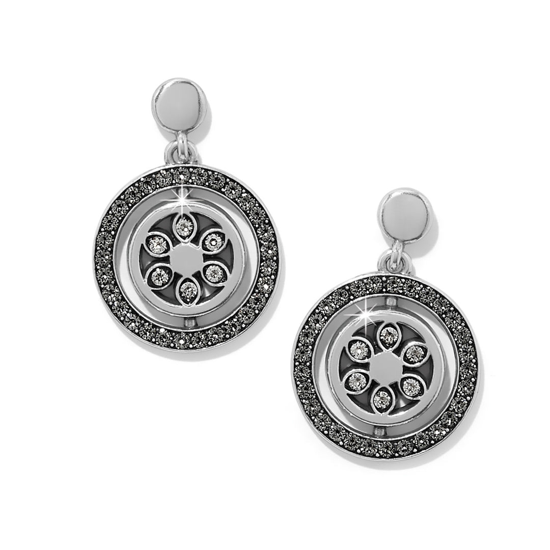 Silver plated post drop earrings featuring fine quality crystals with a flat disc back.