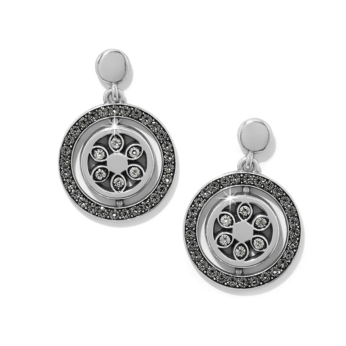 Silver plated post drop earrings featuring fine quality crystals with a flat disc back.