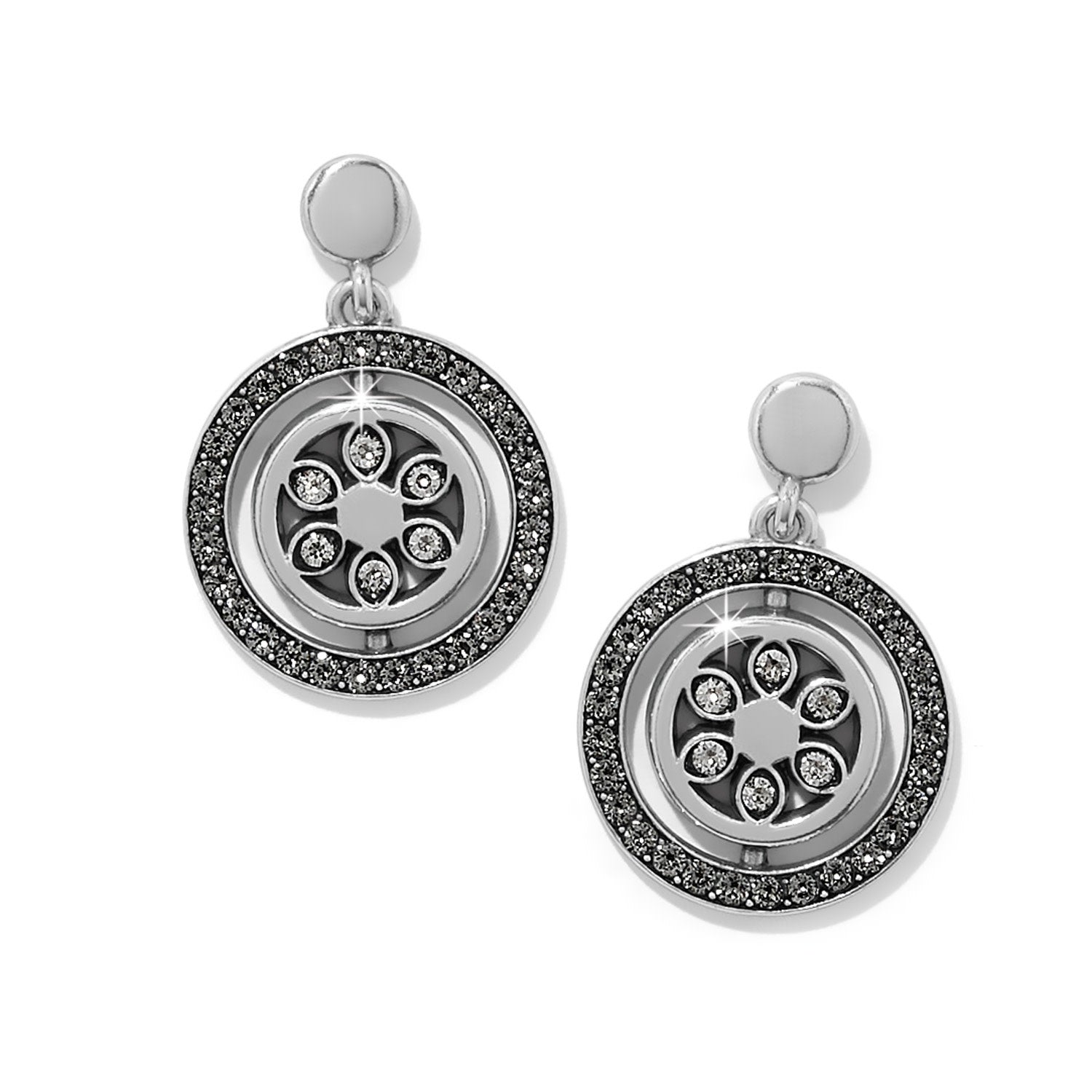 Silver plated post drop earrings featuring fine quality crystals with a flat disc back.