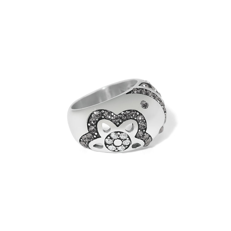 Silver plated Flora ring featuring delicate crystal flowers on a slender band.