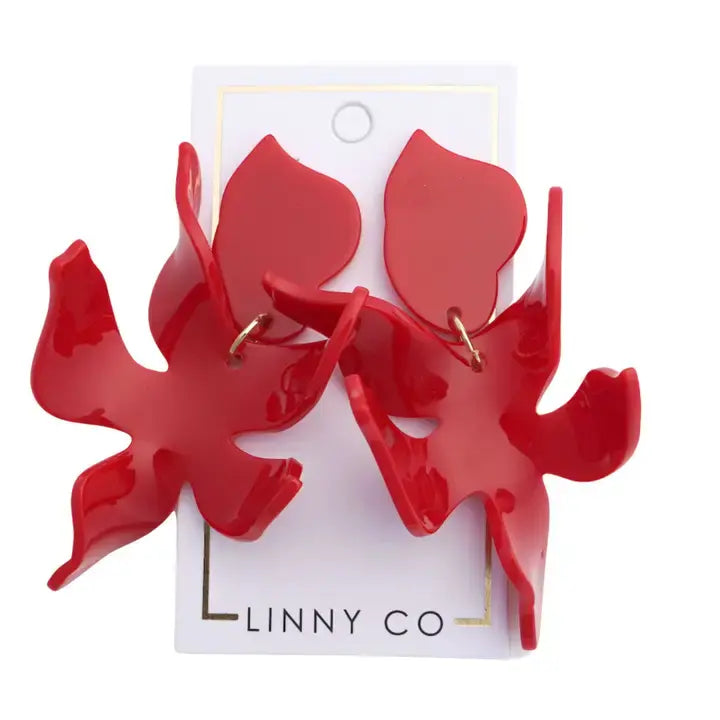 True red abstract floral stud earrings with a lightweight feather-like silhouette.