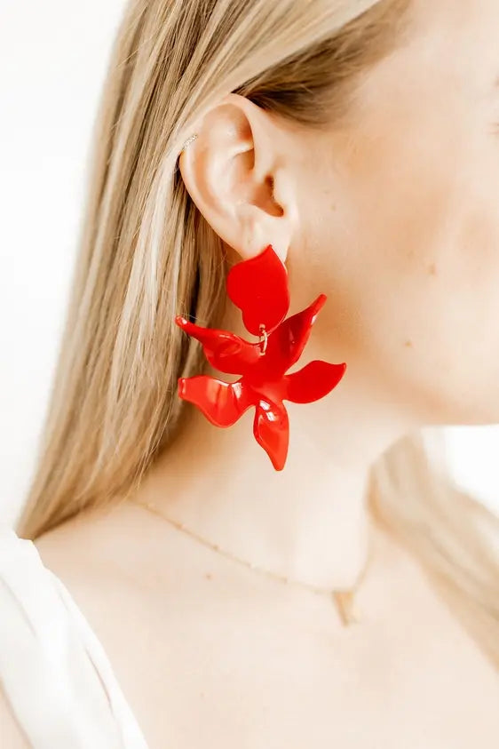 True red abstract floral drop earring with feather-light weight.