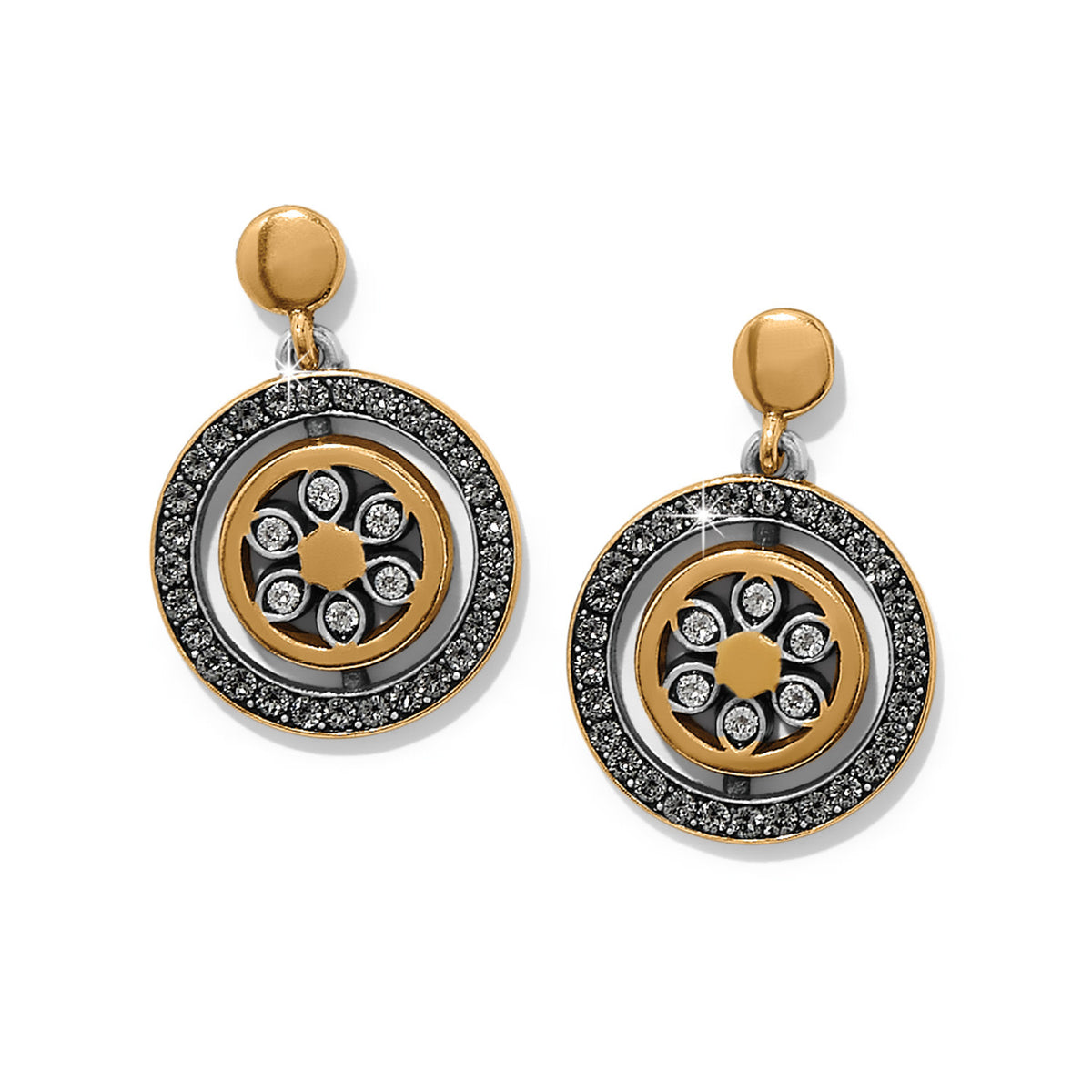 Silver-gold two-tone petite post drop earring with flat disc back and fine quality crystals.