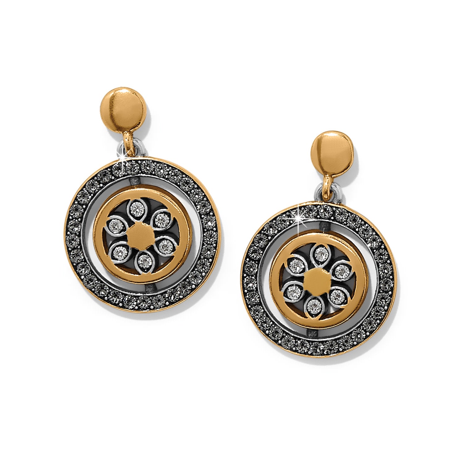Silver-gold two-tone petite post drop earring with flat disc back and fine quality crystals.