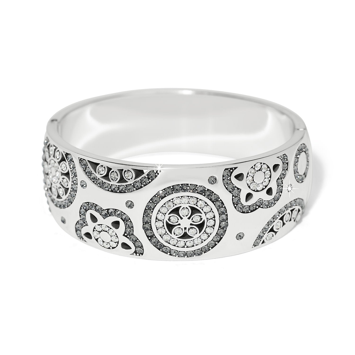 Silver plated wide hinged bangle bracelet featuring fine quality crystals.