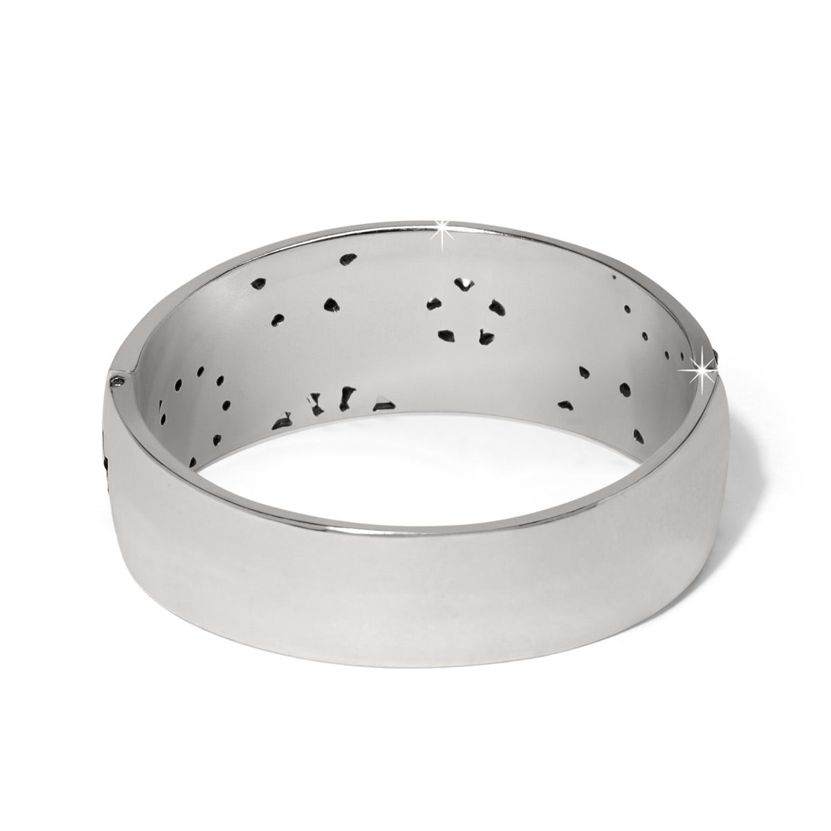 Silver plated wide hinged bangle bracelet featuring fine quality crystals with a bold feminine silhouette.