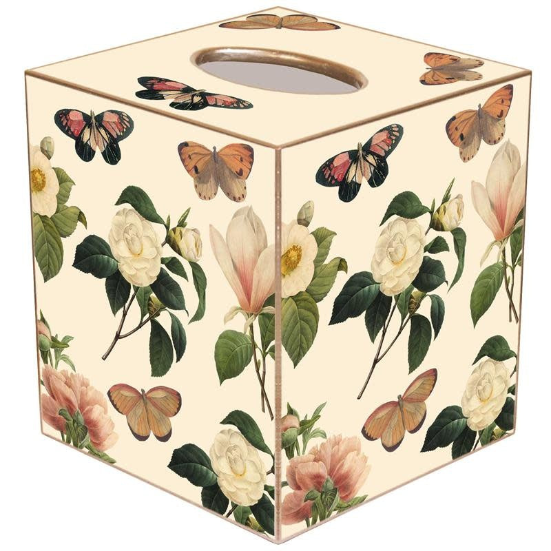 Ivory paper mache tissue box cover with gold edge accents and floral decoupage pattern.