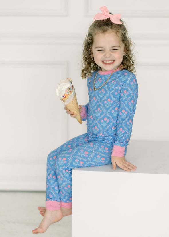 Girls' Carmen Floral Fête two-piece set in bamboo viscose with floral print and matching onesie.