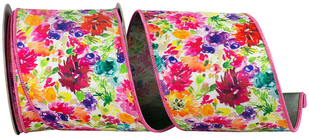 Multi-colored floral ribbon with wired edges on a white background.