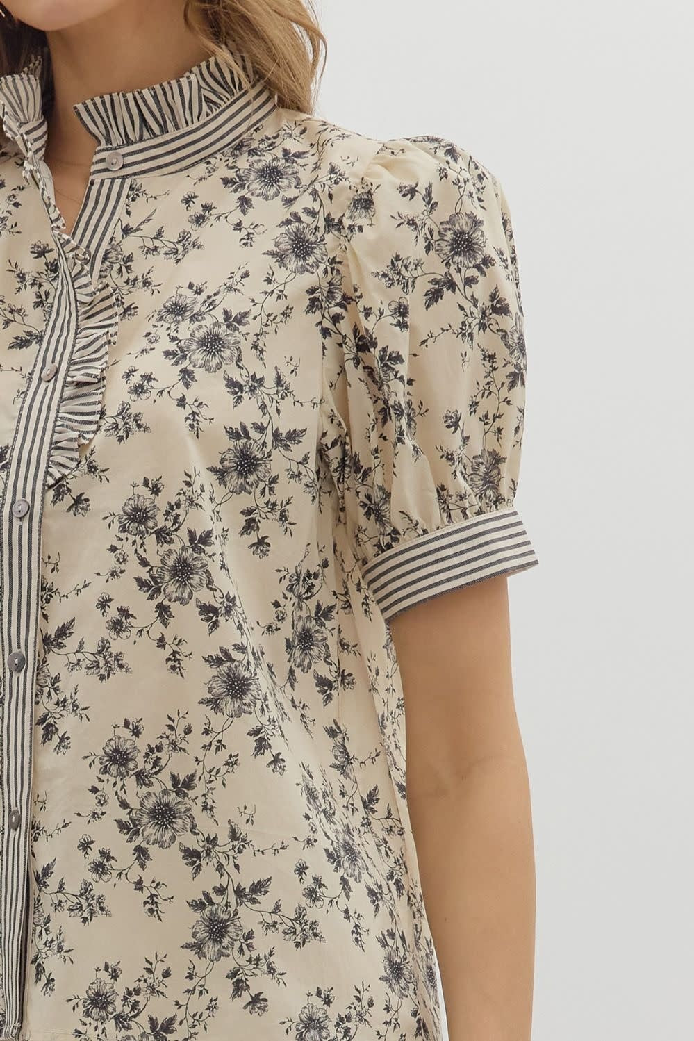 Ecru cotton floral print puff shoulder top with striped ruffle neckband