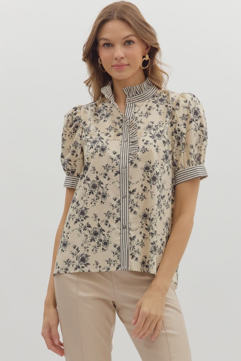 Ecru floral print cotton short sleeve top with puff shoulders and striped ruffle neck.