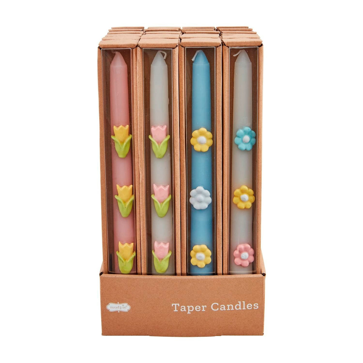 Kraft gift box containing a white wax taper candle with dimensional flower accents.