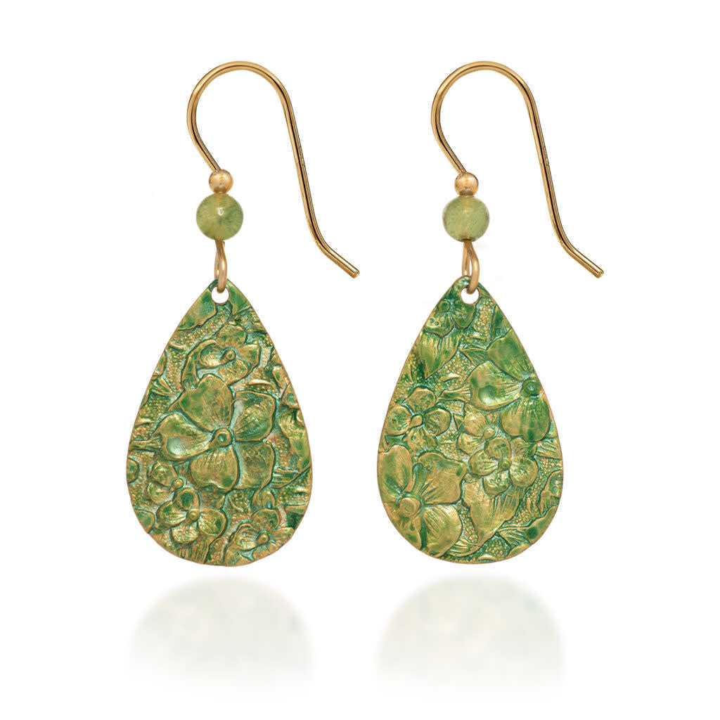 Gold-tone drop earrings with soft green floral texture on a tear-shaped silhouette