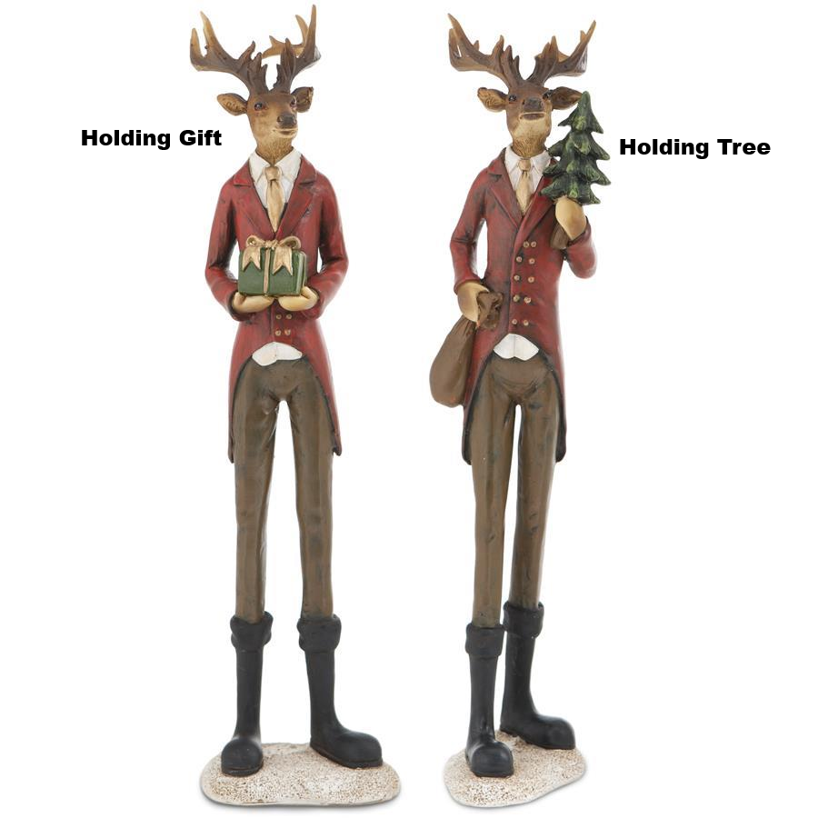 Two 12.5-inch resin reindeer figurines in red suits, one holding a gift and one holding a tree.