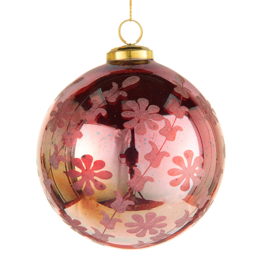 5-inch red glass ball Christmas ornament with etched floral patterns and a gold cap.