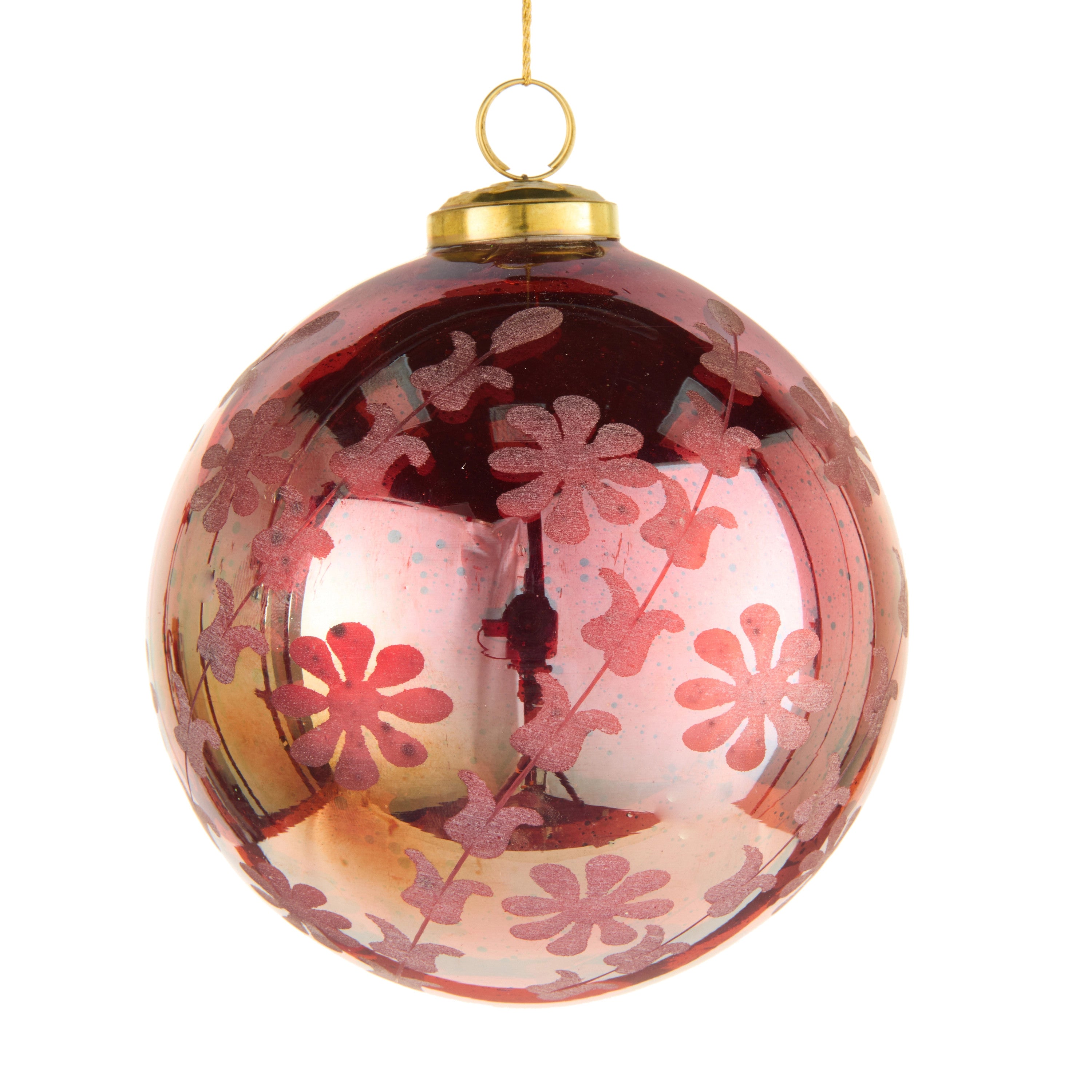 5-inch red glass ball Christmas ornament with etched floral patterns and a gold cap.