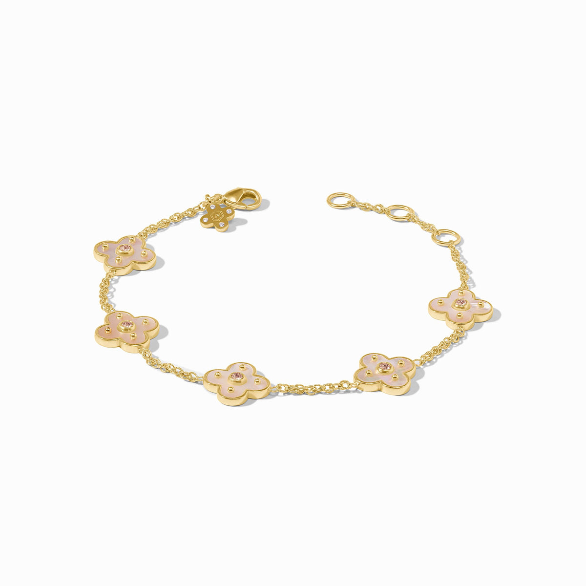 Adjustable Colette delicate bracelet featuring a mother-of-pearl charm with 24K gold plating and cubic zirconia accents.