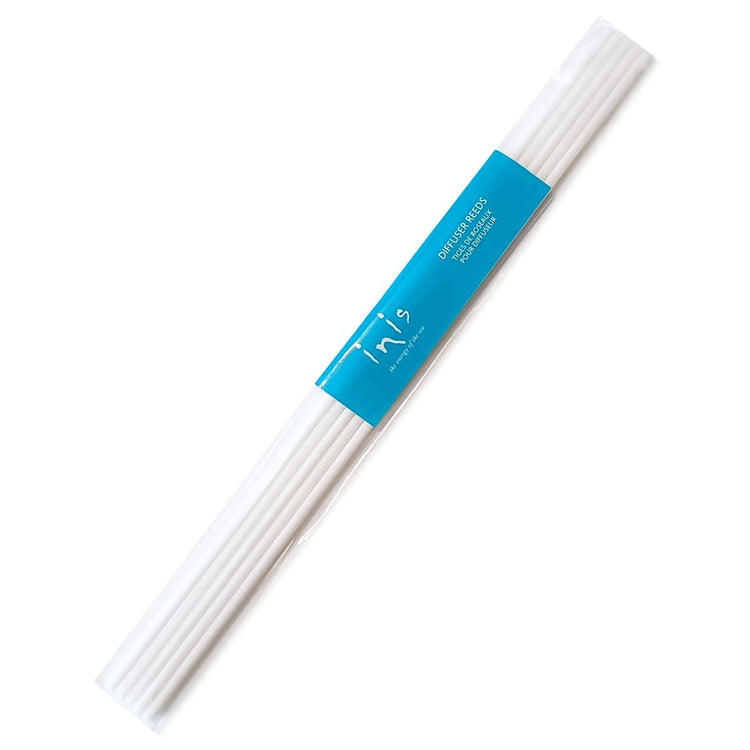 Pack of 5 white Inis fibre diffuser reeds with a blue branded label.