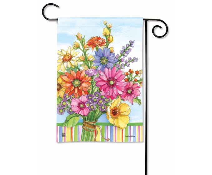 Garden flag with a watercolor bouquet of colorful daisies and wildflowers on a striped background.