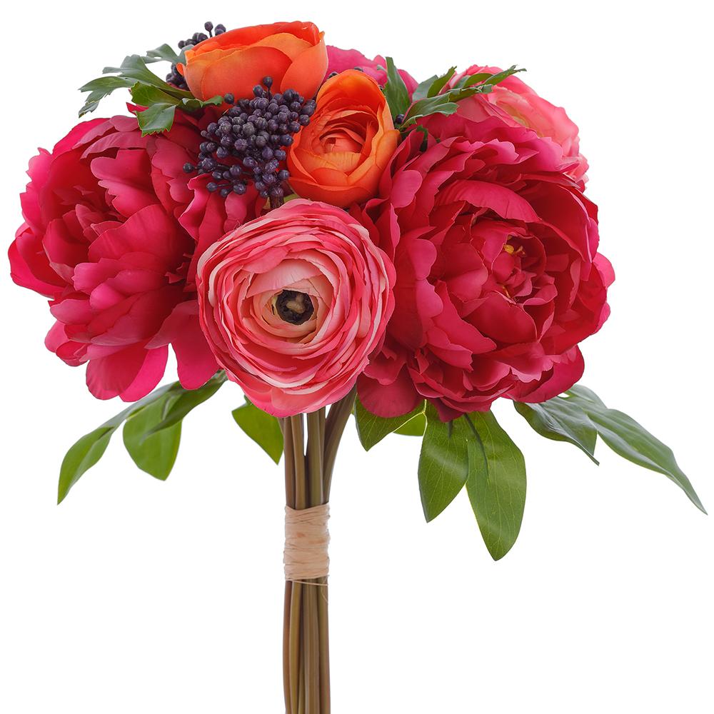 Fuchsia orange artificial peony bouquet with fabric petals on a wire stem.