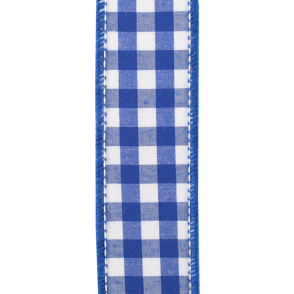 1-1/2 inch cobalt blue and white gingham check wired edge ribbon.